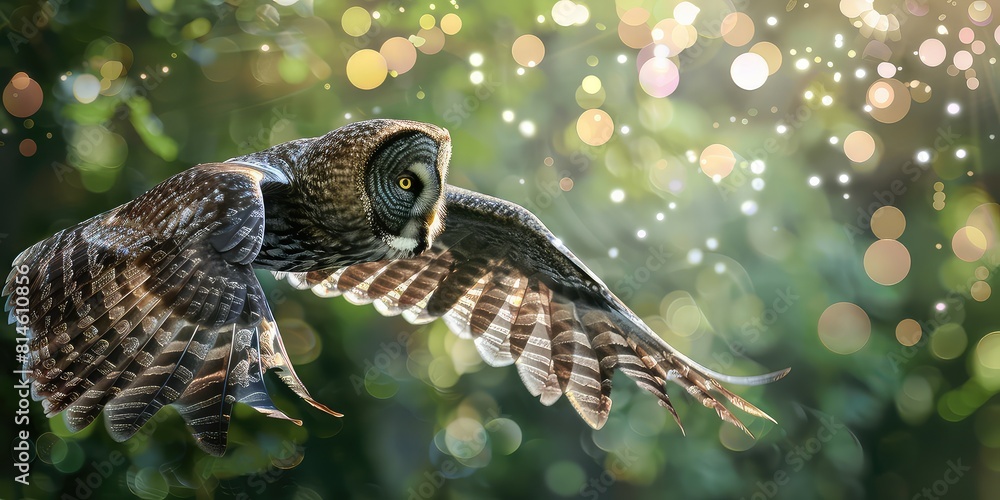 Poster dynamic composition of a great gray owl in mid-flight, its powerful wings propelling it through the 