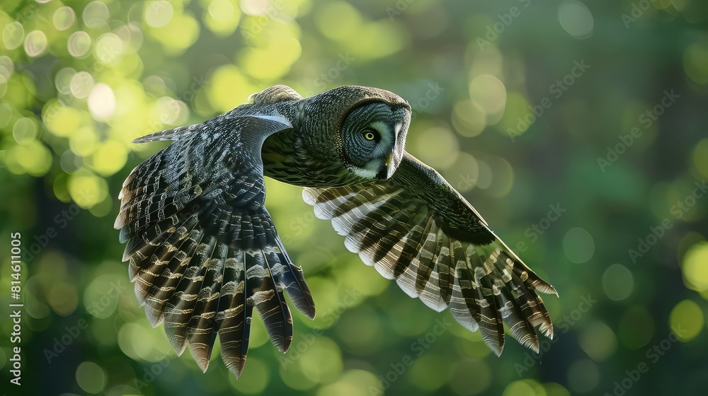 Poster enchanting image of a great gray owl in flight, its magnificent wingspan illuminated by the gentle m