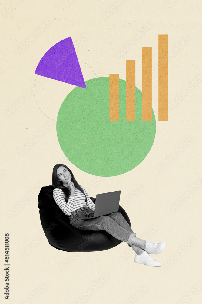 Poster composite collage illustration of young business lady lying bean bag with netbook looking at dashboa