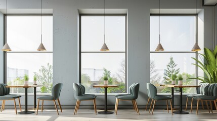 Fototapeta premium In a cafeteria with a panoramic window, there are seats and tables lined up in a row