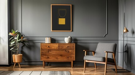 Living room with grey dresser and poster in square format