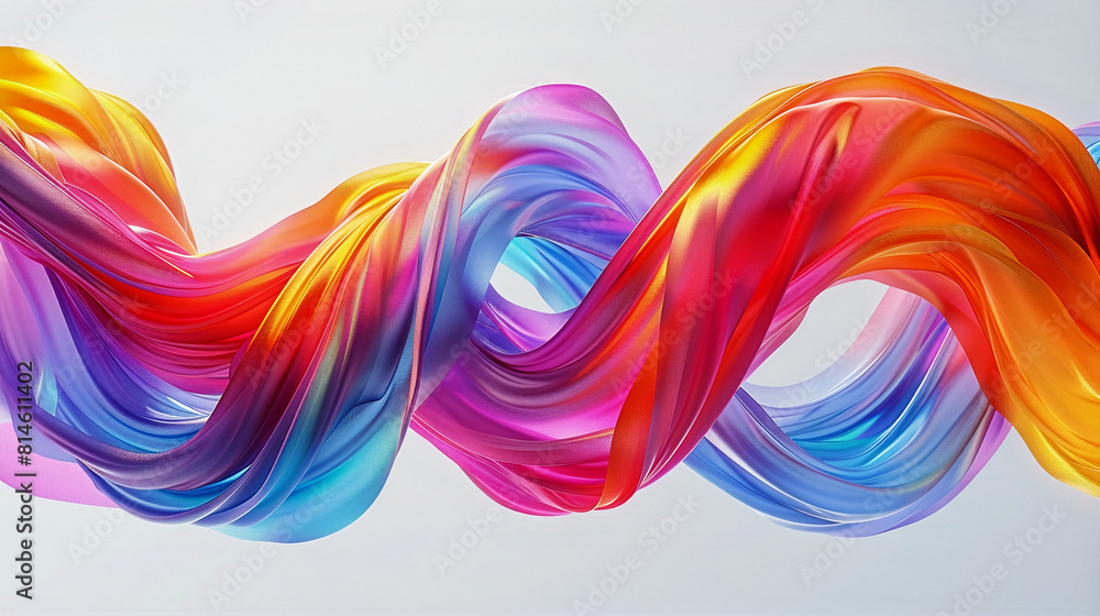Poster 3d rendering of a colorful twisted ribbon in motion on a light background, smooth multicolored wave 