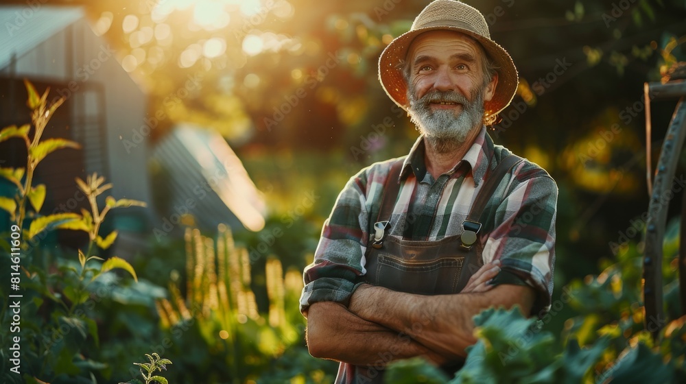 Poster a man in a straw hat and plaid shirt stands in a garden. he is smiling and he is enjoying himself