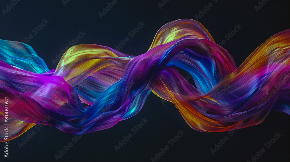 Poster 3d rendering of a colorful twisted ribbon in motion on a black background, smooth multicolored wave 