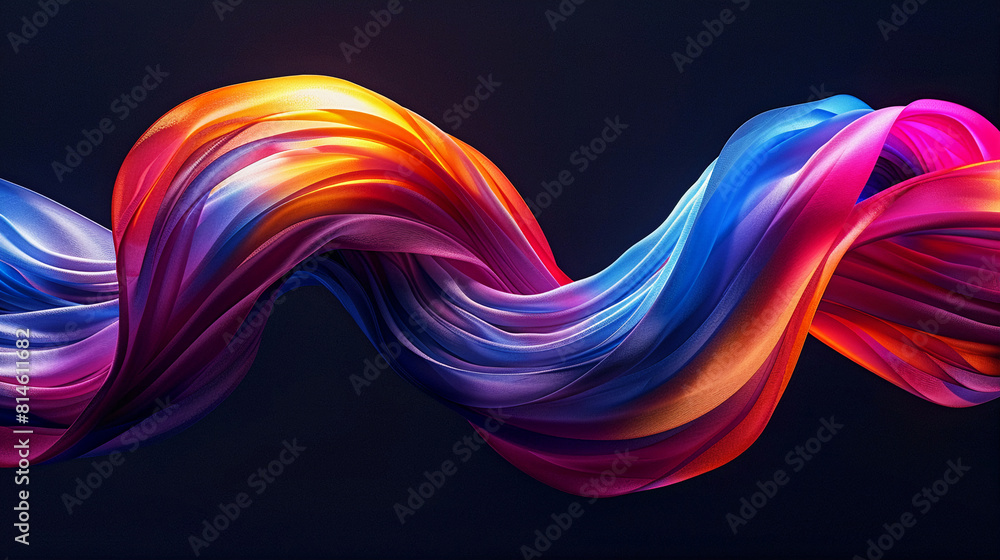 Aufkleber 3d rendering of a colorful twisted ribbon in motion on a black background, smooth multicolored wave 