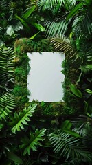 frame made of moss and ferns around square white paper mockup