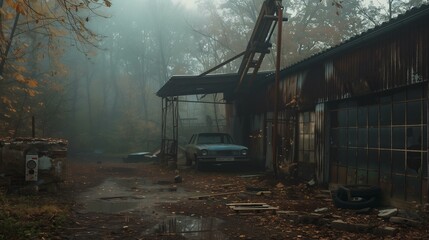 Fototapeta premium abandoned mechanical car repair company, old scary place