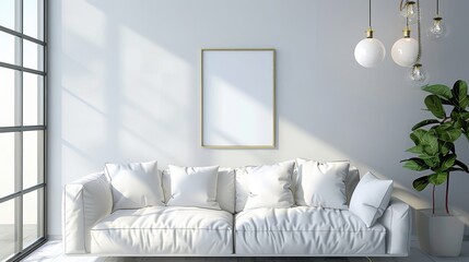 In a bright modern interior, there is a white sofa with pillows accompanied by a poster on the wall and pendant lights.