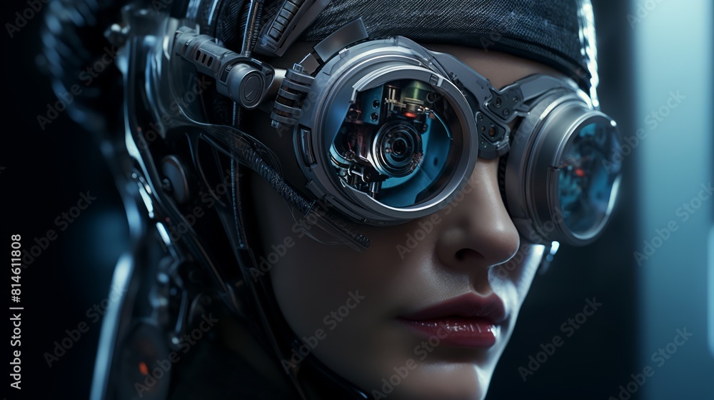Aufkleber Generative AI An artistic portrayal of a person with a bionic eye, highlighting augmented vision and the integration of advanced technological features