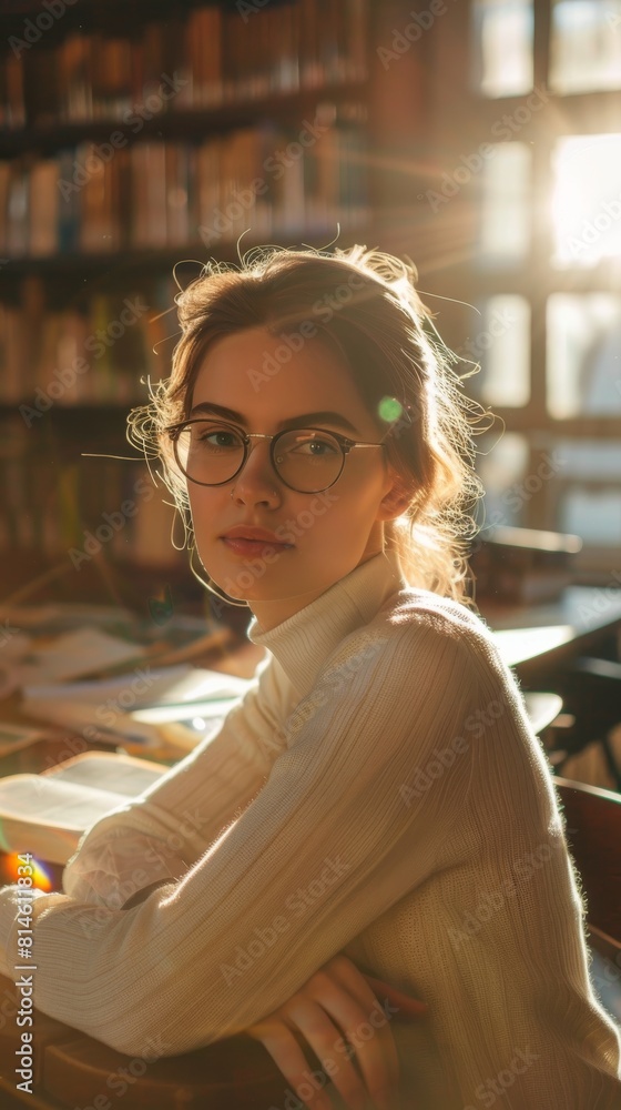 Poster A woman is seated at a table in a library, surrounded by books and reading material. She appears to be engaged in studying or reading, with a focused expression on her face.