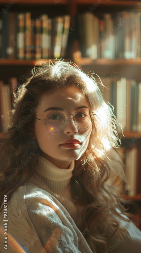 Poster a realistic stock photo of a woman wearing glasses, sitting in front of a bookshelf. she appears to 