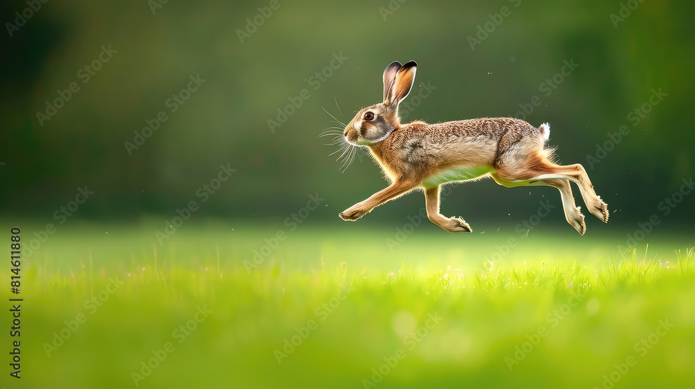Poster energetic european hare captured mid-leap across a vibrant green field, with a soft bokeh background