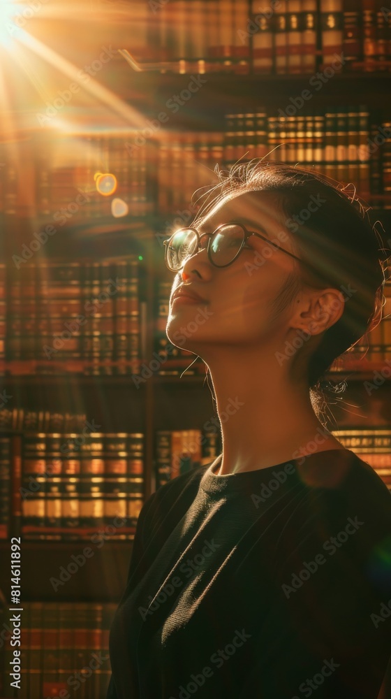 Poster A woman is standing in front of a bookshelf, looking at the rows of books. She appears to be browsing or searching for a specific book. The bookshelf is neatly organized with books of various sizes an