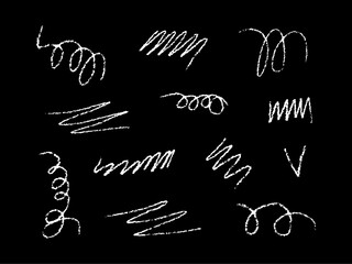 Hand drawn pencil lines. Vector charcoal smears. Underline pen set. Doodle style sketch lines. Wavy strokes with rough edges on black background