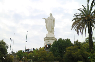 Beautiful Statue of the Blessed Virgin Mary on the Hilltop of Cerro San Cristobal, Santiago, Chile, South America