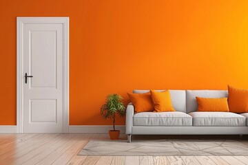 Orange living room and orange wall background light grey sofa and Avant grade white door. Modern home decoration brown parquet and carpet design