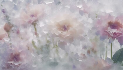 Frozen pink flowers under the ice surface as background. 
Pale pastel colours. 