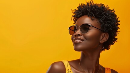 Happy African American woman wearing sunglasses over  yellow background