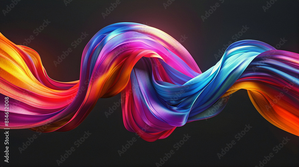 Aufkleber 3d rendering of a colorful twisted ribbon in motion on a black background, smooth multicolored wave 