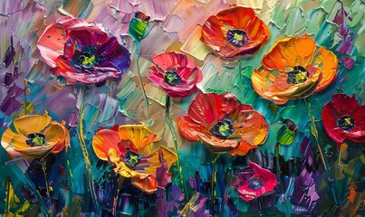 Abstract oil painting of colorful poppies in the meadow
