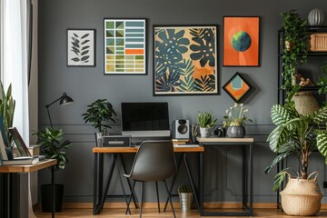 Patterned posters above desk with computer monitor in grey home office interior with plants