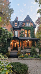 Fototapeta premium A large house with ivy growing on the side