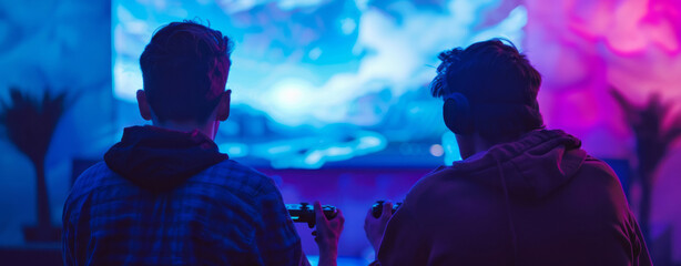Two people are seen playing a video game at an event, with dramatic lighting effects, tilt shift techniques, and spectacular backdrops.