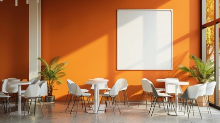 This is a rendering of a modern cafe interior with tables, chairs, and a large blank poster on an orange wall, under natural light, to provide an impression of advertising space.