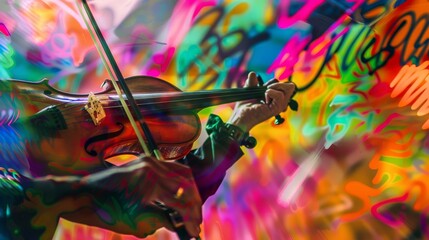 Double Exposure of Musician Playing Instrument Against Graffiti Wall