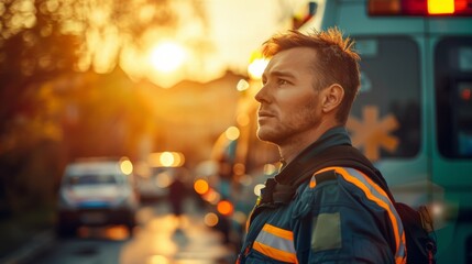 A man is standing on the side of a road next to an ambulance. The emergency vehicle is parked with its lights on, indicating a medical situation. The man appears to be observing or waiting for assista