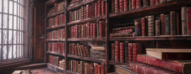 Obraz premium An old bookcase filled with books showcases bold structural designs and spectacular backdrops, with hues of light red and dark crimson.