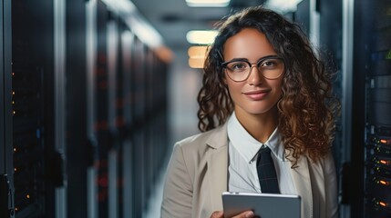 A portrait of an attractive female IT professional standing amidst the advanced data center environment