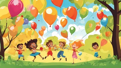 Joyful Children Celebrating Happy Children’s Day Outdoors With Colorful Balloons