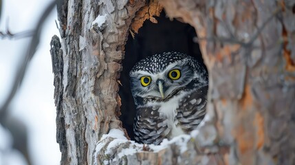 Intimate glimpse into the world of a Northern hawk-owl as it gazes out from its tree hollow, its solitary vigilance a symbol of strength and resilience.