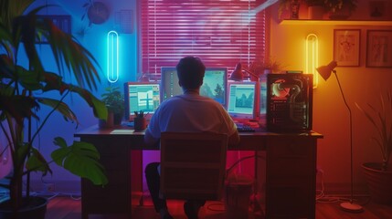 home office setting, illuminated by neon lights with a man sitting at a desk