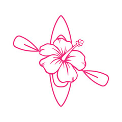 Logo vacaciones en Hawái. Silueta de flor de hibisco con líneas sobre kayak o canoa con remos cruzados