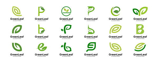 mega logo collection Initial Letter with green leaf logo design template