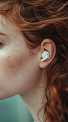 Woman ear with a white wireless ear bud, close-up