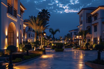 Residential District With Luxury Villas And Walking Path At Night 