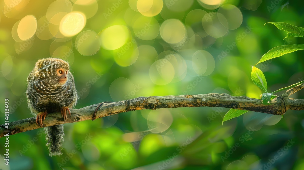 Poster charming portrayal of a western pygmy marmoset resting on a branch, with a bokeh green background ad