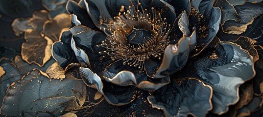 A close up of an abstract peony flower in the style of dark black and gold, with a grey textured background