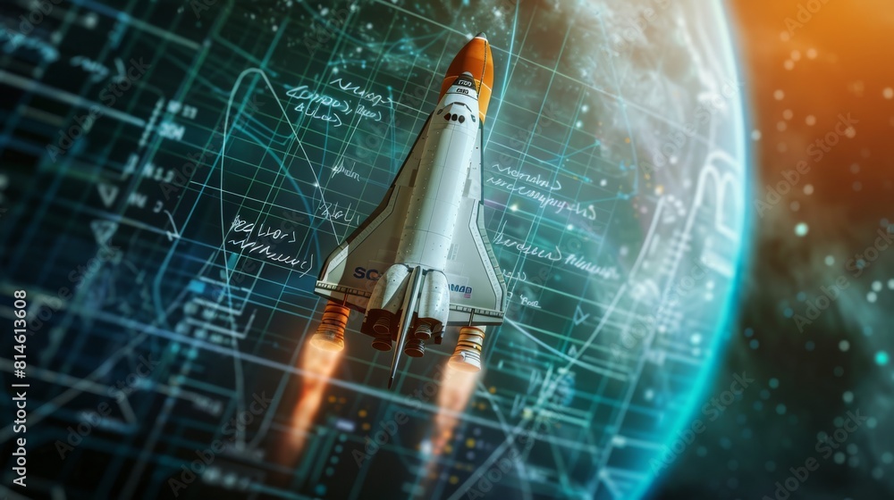 Poster a space shuttle is gliding gracefully through the vast emptiness of space, propelled by powerful eng