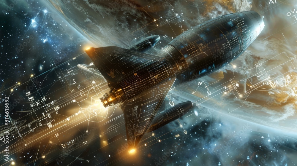Poster a large space ship is soaring through a sky filled with twinkling stars. the ship is massive, domina