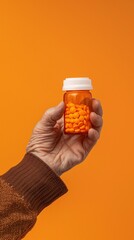 Extreme closeup shot, a grandma's hand holding a jar of pills