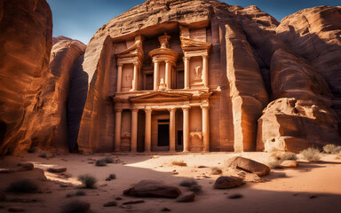 Historic ruins of Petra, Jordan, ancient architecture, desert landscape, early morning light