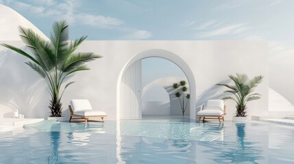 Fototapeta premium Armchairs plant door and swimming pool. 3d rendering