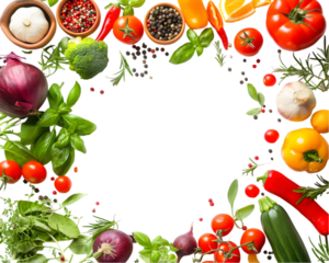 Fresh vegetables, spices and herbs frame. Place for text on transparent background
