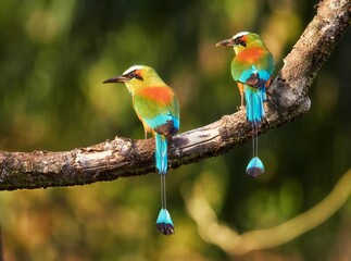 Beautiful turquoise-browed motmot birds (Eumomota superciliosa) perched on a tree branch