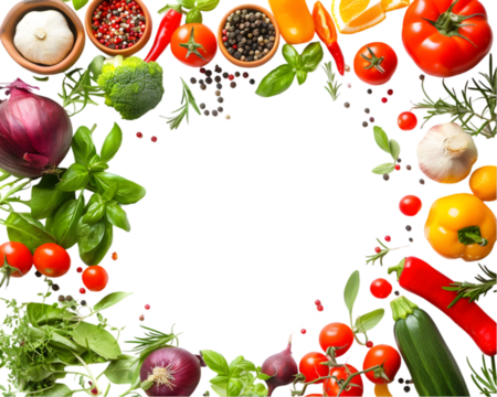 Fresh vegetables, spices and herbs frame. Place for text on transparent background