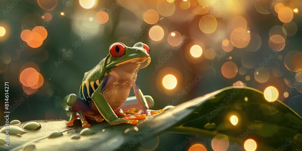 Poster serene scene of a cute red-eyed frog perched on a leaf, with bokeh lights in the background creating